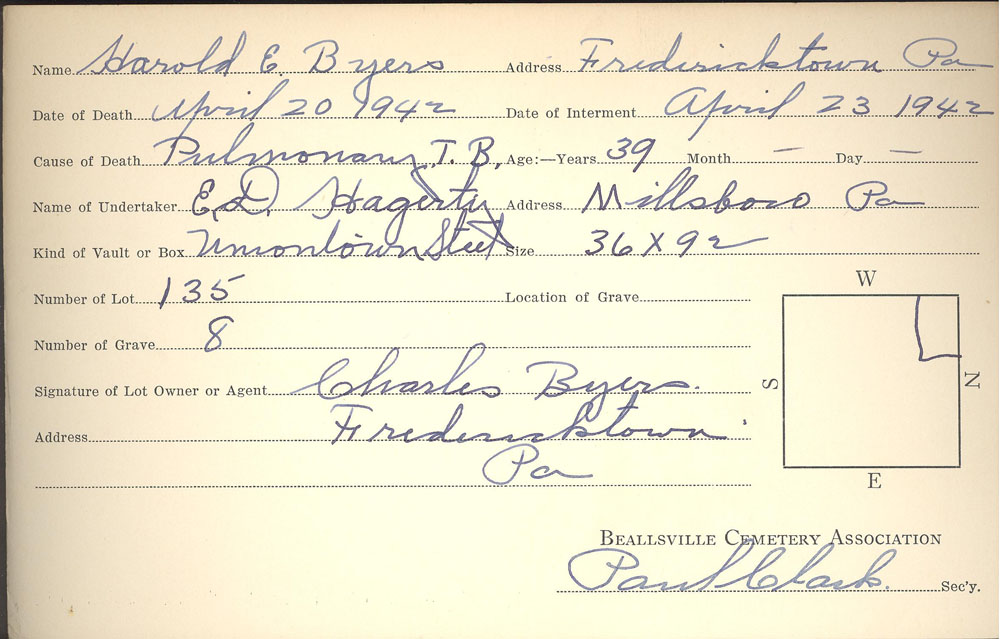 Harold E. Byers burial card